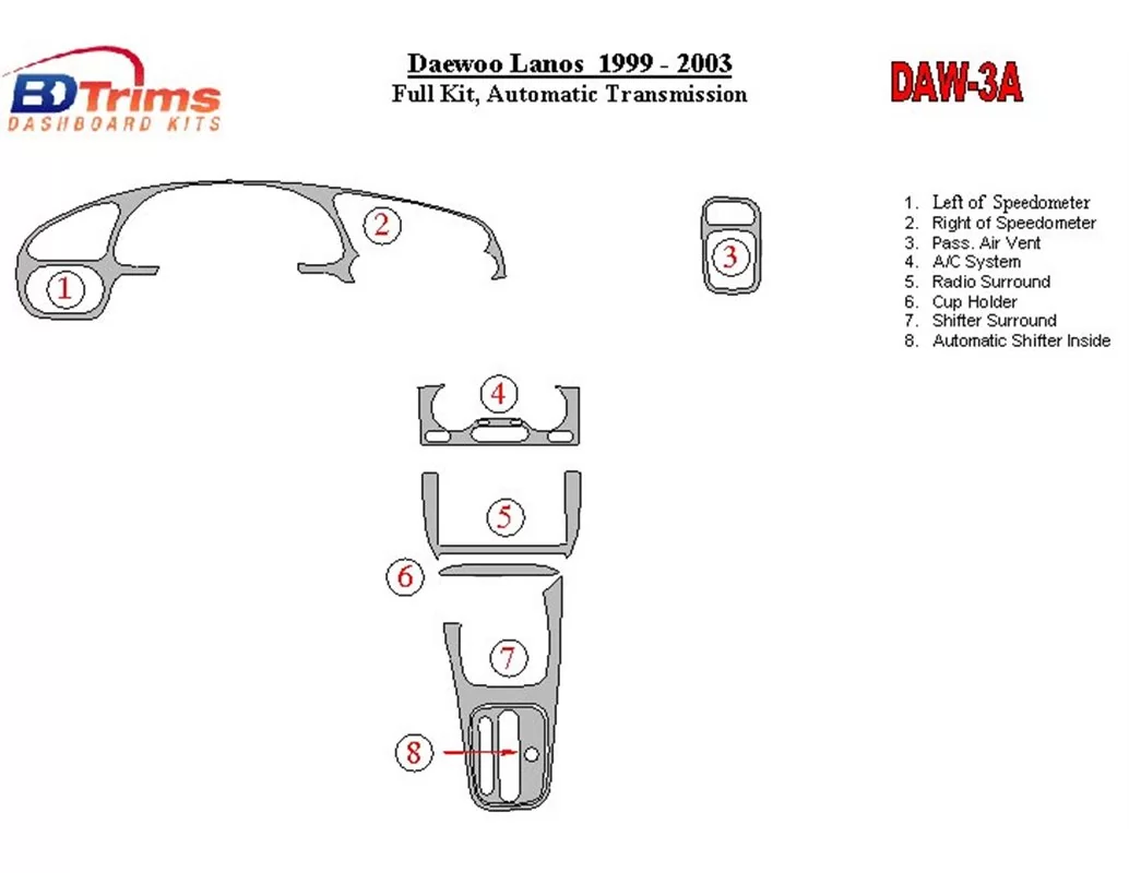 Daewoo Lanos 1999-2003 Kompletná súprava, interiér automatickej prevodovky BD Dash Trim Kit - 1