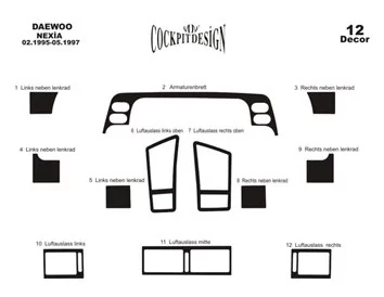 Daewoo Nexia 02.95-05.97 Súprava obloženia palubnej dosky 3D interiéru Dekorácia palubnej dosky 12 dielov